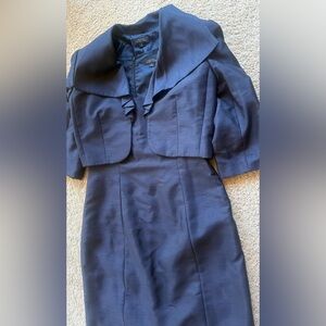 Tahari ASL Navy Cropped taffeta bolero Jacket and Sheath Dress Set